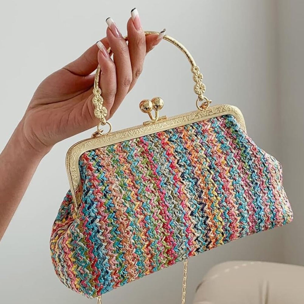 3/$30 Women Satchel Colourful Evening Clutch Straw Large Bag clasp Beach
